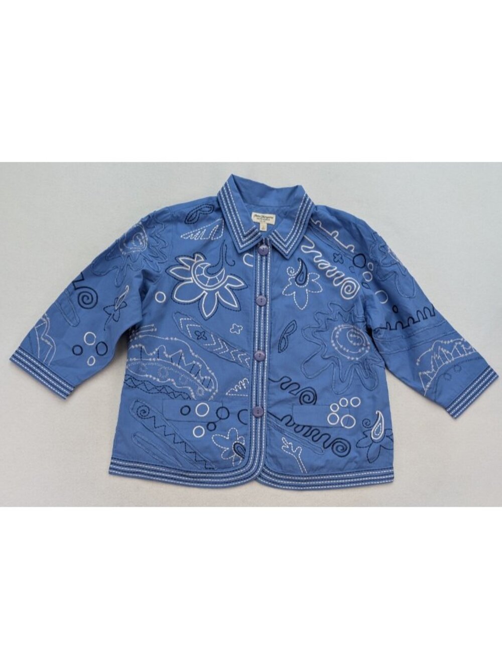 Norm Thompson Women's Jacket Size L Blue Embroidered 3/4 Sleeve Lightweight